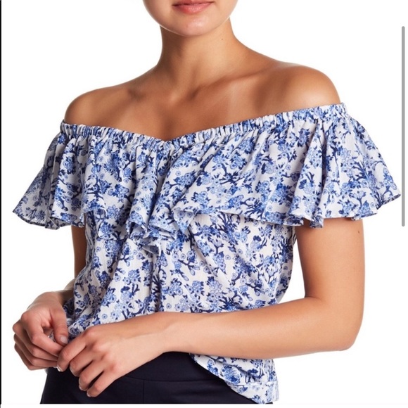 Rebecca Taylor Tops - REBECCA TAYLOR Aimee Off Shoulder Blue & White Cotton Floral Top